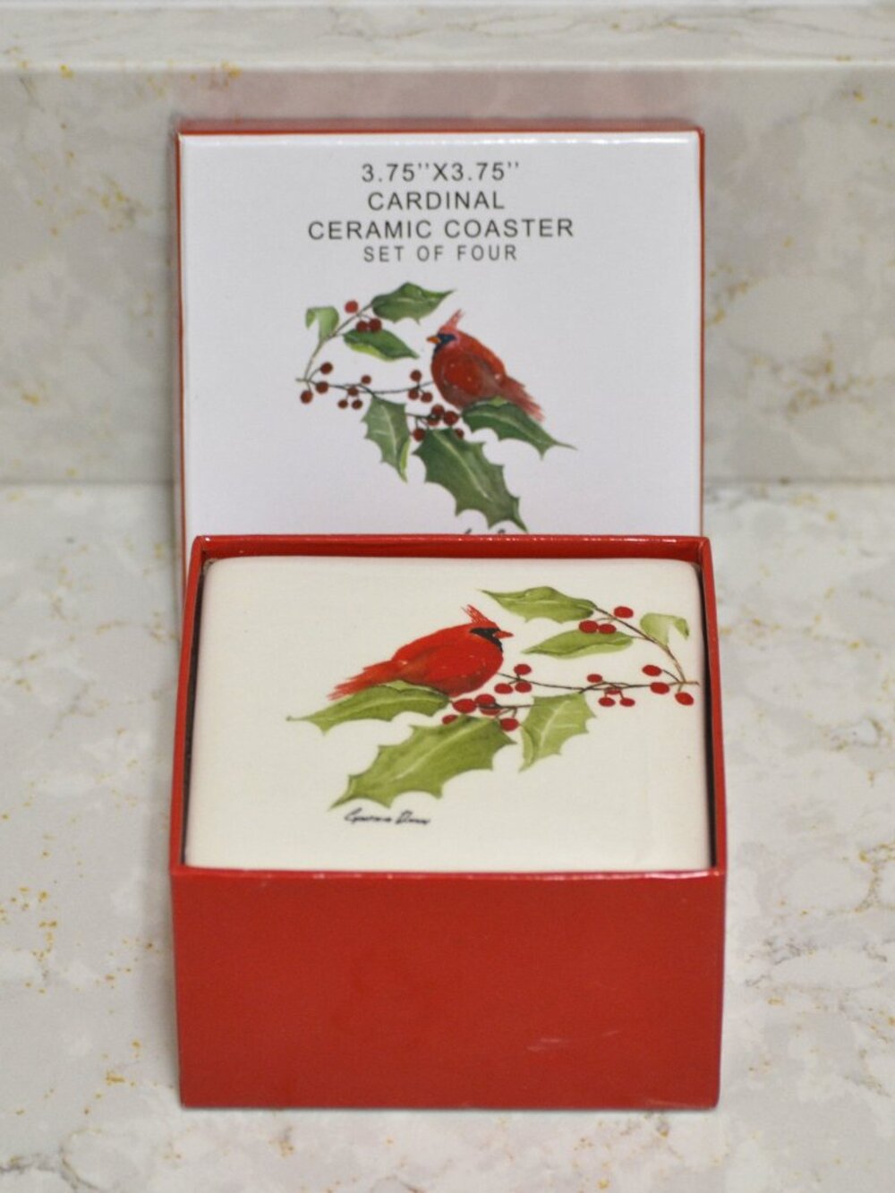 Christmas Cardinal Ceramic Coasters Red White and Green Holly and Berries
